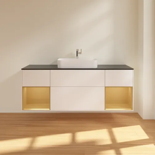 Bild von VILLEROY BOCH Finion Waschbeckenunterschrank, mit Beleuchtung, 4 Auszüge, 1600 x 603 x 501 mm, White Matt Lacquer / Gold Matt Lacquer / Glass Black Matt #G452HFMT