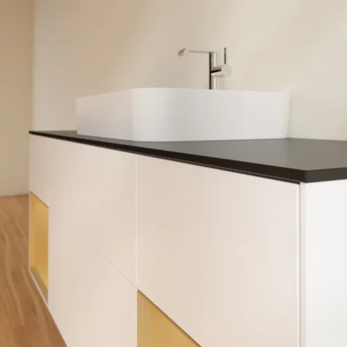 Bild von VILLEROY BOCH Finion Waschbeckenunterschrank, mit Beleuchtung, 4 Auszüge, 1600 x 603 x 501 mm, White Matt Lacquer / Gold Matt Lacquer / Glass Black Matt #G452HFMT