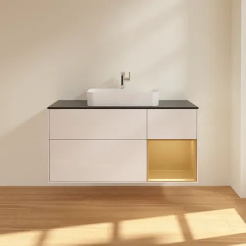 Bild von VILLEROY BOCH Finion Waschbeckenunterschrank, mit Beleuchtung, 3 Auszüge, 1200 x 603 x 501 mm, Glossy White Lacquer / Gold Matt Lacquer / Glass Black Matt #G422HFGF