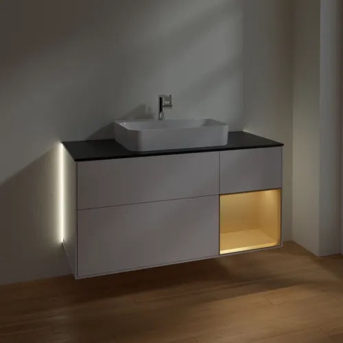 Bild von VILLEROY BOCH Finion Waschbeckenunterschrank, mit Beleuchtung, 3 Auszüge, 1200 x 603 x 501 mm, Glossy White Lacquer / Gold Matt Lacquer / Glass Black Matt #G422HFGF