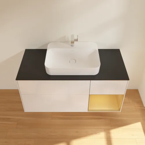 Bild von VILLEROY BOCH Finion Waschbeckenunterschrank, mit Beleuchtung, 3 Auszüge, 1200 x 603 x 501 mm, Glossy White Lacquer / Gold Matt Lacquer / Glass Black Matt #G422HFGF