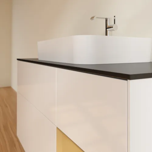 Bild von VILLEROY BOCH Finion Waschbeckenunterschrank, mit Beleuchtung, 3 Auszüge, 1200 x 603 x 501 mm, Glossy White Lacquer / Gold Matt Lacquer / Glass Black Matt #G422HFGF
