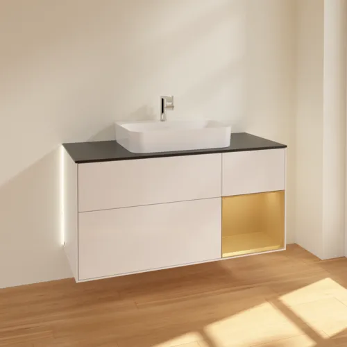 Bild von VILLEROY BOCH Finion Waschbeckenunterschrank, mit Beleuchtung, 3 Auszüge, 1200 x 603 x 501 mm, Glossy White Lacquer / Gold Matt Lacquer / Glass Black Matt #G422HFGF