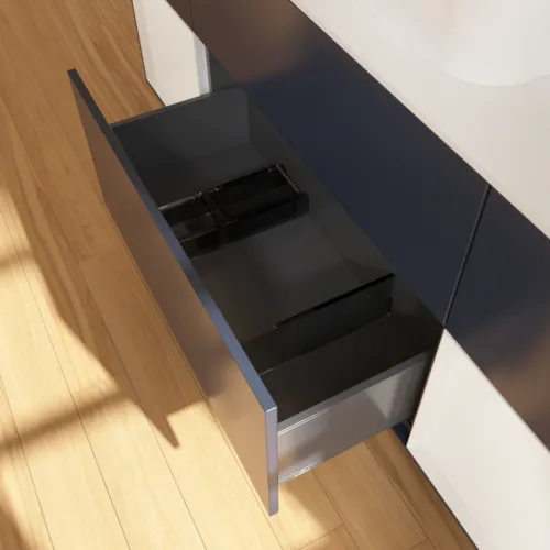 Bild von VILLEROY BOCH Finion Waschbeckenunterschrank, mit Beleuchtung, 4 Auszüge, 1600 x 603 x 501 mm, Midnight Blue Matt Lacquer / Glossy White Lacquer / Glass White Matt #G451GFHG