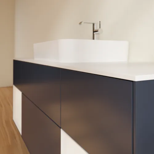 Bild von VILLEROY BOCH Finion Waschbeckenunterschrank, mit Beleuchtung, 4 Auszüge, 1600 x 603 x 501 mm, Midnight Blue Matt Lacquer / Glossy White Lacquer / Glass White Matt #G451GFHG
