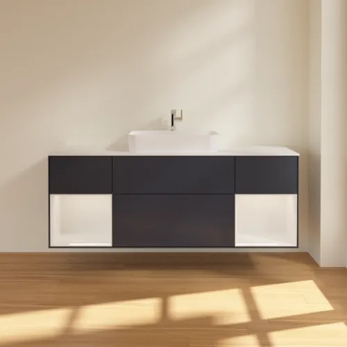Bild von VILLEROY BOCH Finion Waschbeckenunterschrank, mit Beleuchtung, 4 Auszüge, 1600 x 603 x 501 mm, Midnight Blue Matt Lacquer / Glossy White Lacquer / Glass White Matt #G451GFHG