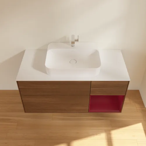 Bild von VILLEROY BOCH Finion Waschbeckenunterschrank, mit Beleuchtung, 3 Auszüge, 1200 x 603 x 501 mm, Walnut Veneer / Peony Matt Lacquer / Glass White Matt #G421HBGN