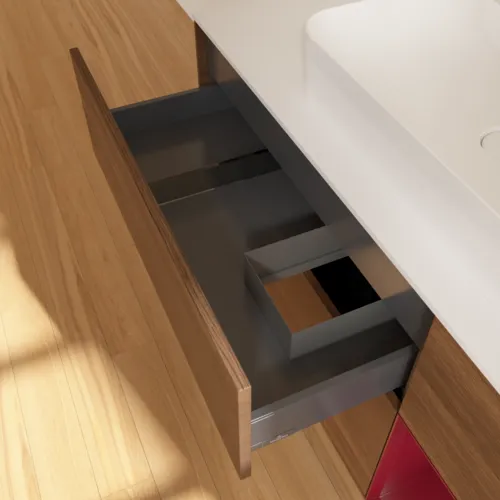 Bild von VILLEROY BOCH Finion Waschbeckenunterschrank, mit Beleuchtung, 3 Auszüge, 1200 x 603 x 501 mm, Walnut Veneer / Peony Matt Lacquer / Glass White Matt #G421HBGN