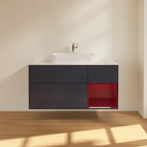 Obrázek VILLEROY BOCH Finion Vanity unit, with lighting, 3 pull-out compartments, 1200 x 603 x 501 mm, Midnight Blue Matt Lacquer / Peony Matt Lacquer / Glass White Matt #G421HBHG