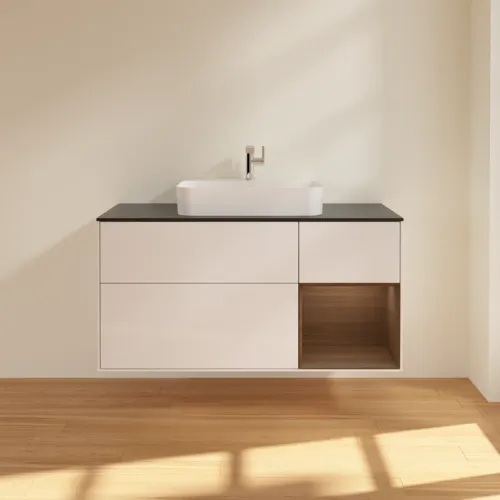 Bild von VILLEROY BOCH Finion Waschbeckenunterschrank, mit Beleuchtung, 3 Auszüge, 1200 x 603 x 501 mm, Glossy White Lacquer / Walnut Veneer / Glass Black Matt #G422GNGF