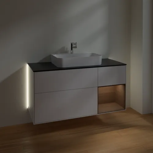 Bild von VILLEROY BOCH Finion Waschbeckenunterschrank, mit Beleuchtung, 3 Auszüge, 1200 x 603 x 501 mm, Glossy White Lacquer / Walnut Veneer / Glass Black Matt #G422GNGF