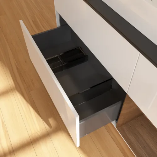 Bild von VILLEROY BOCH Finion Waschbeckenunterschrank, mit Beleuchtung, 3 Auszüge, 1200 x 603 x 501 mm, Glossy White Lacquer / Walnut Veneer / Glass Black Matt #G422GNGF