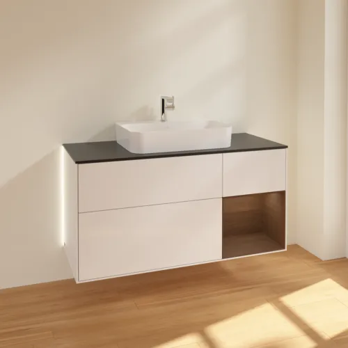 Bild von VILLEROY BOCH Finion Waschbeckenunterschrank, mit Beleuchtung, 3 Auszüge, 1200 x 603 x 501 mm, Glossy White Lacquer / Walnut Veneer / Glass Black Matt #G422GNGF