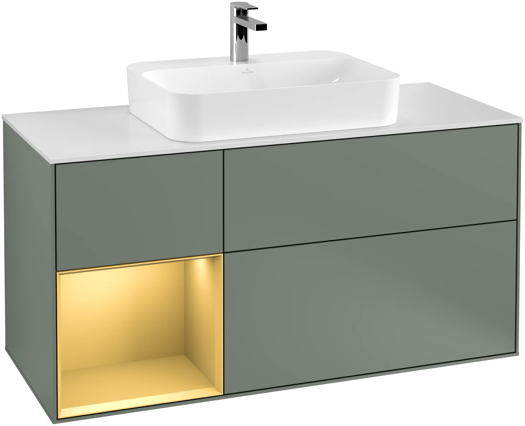 VILLEROY BOCH Finion Vanity unit, with lighting, 3 pull-out compartments, 1200 x 603 x 501 mm, Olive Matt Lacquer / Gold Matt Lacquer / Glass White Matt #G411HFGM resmi