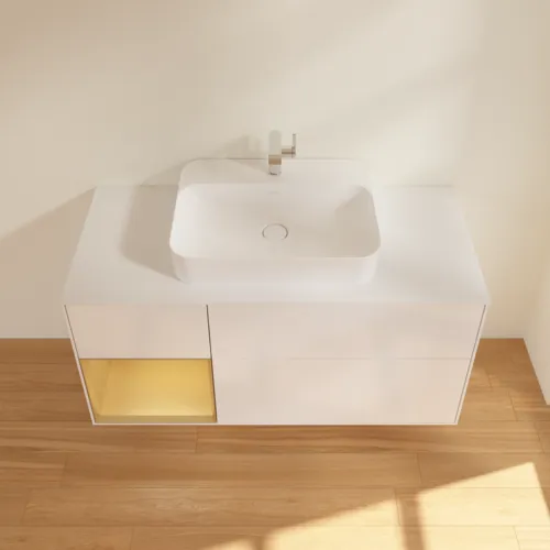 Bild von VILLEROY BOCH Finion Waschbeckenunterschrank, mit Beleuchtung, 3 Auszüge, 1200 x 603 x 501 mm, Glossy White Lacquer / Gold Matt Lacquer / Glass White Matt #G411HFGF