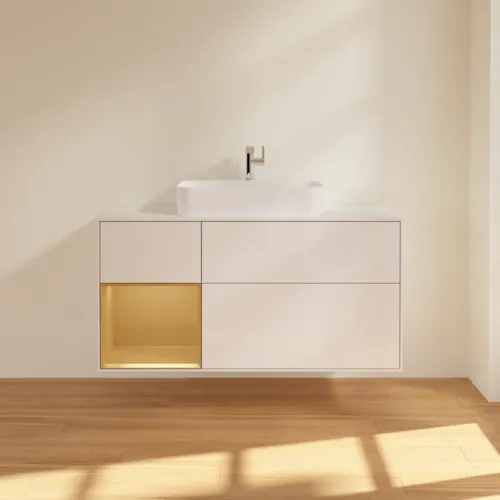 Bild von VILLEROY BOCH Finion Waschbeckenunterschrank, mit Beleuchtung, 3 Auszüge, 1200 x 603 x 501 mm, Glossy White Lacquer / Gold Matt Lacquer / Glass White Matt #G411HFGF