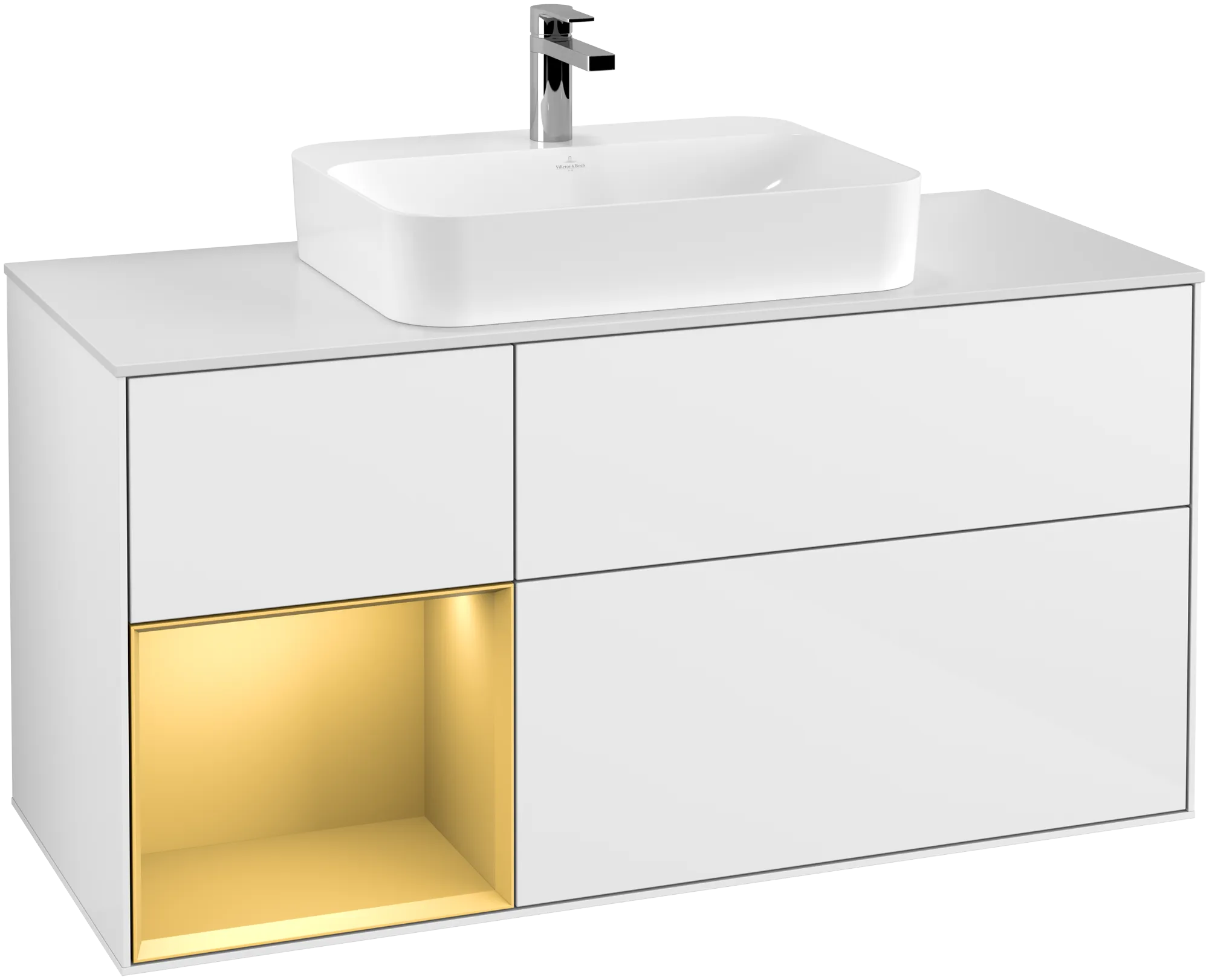 VILLEROY BOCH Finion Vanity unit, with lighting, 3 pull-out compartments, 1200 x 603 x 501 mm, Glossy White Lacquer / Gold Matt Lacquer / Glass White Matt #G411HFGF resmi