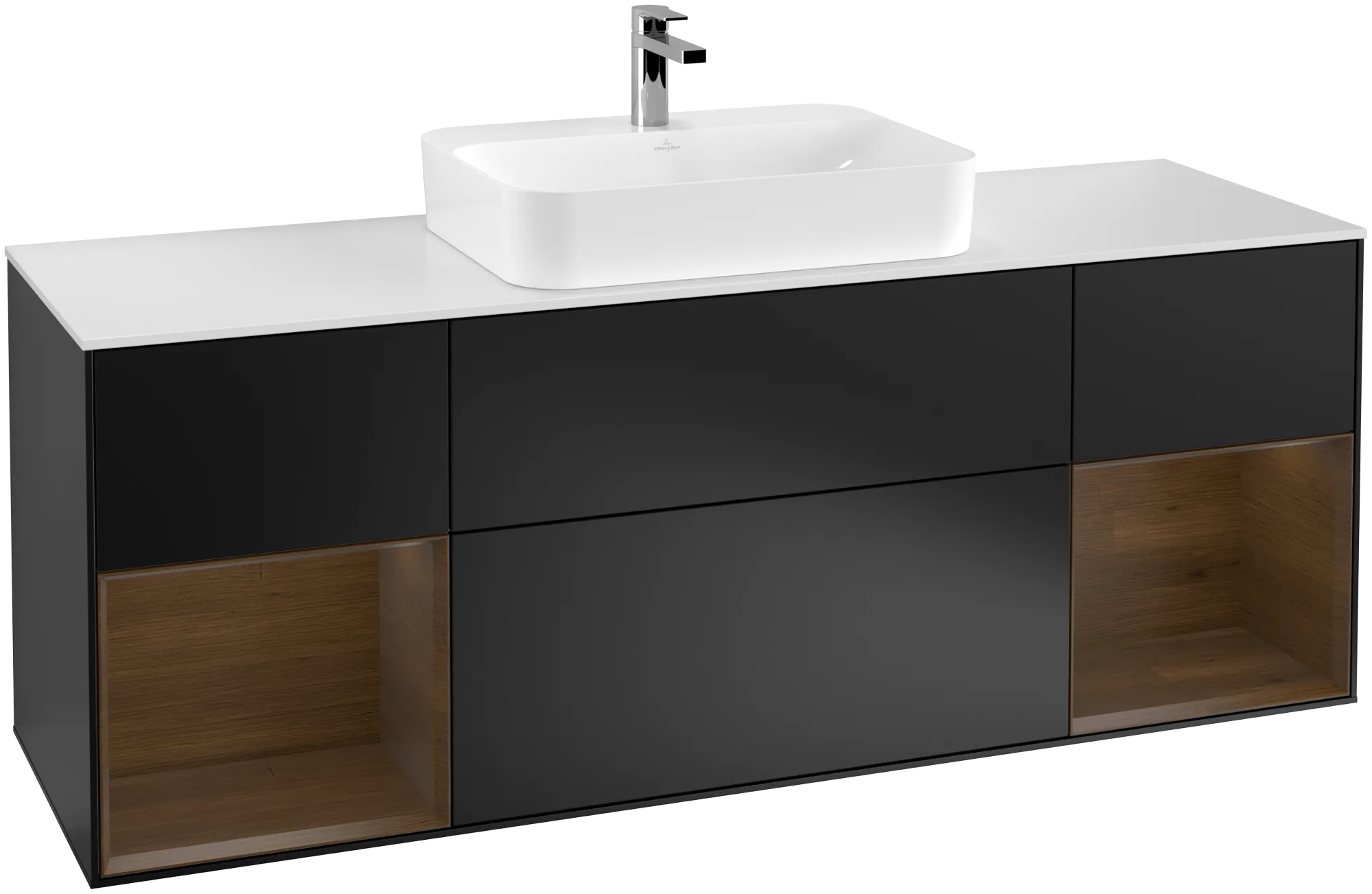 Picture of VILLEROY BOCH Finion Vanity unit, with lighting, 4 pull-out compartments, 1600 x 603 x 501 mm, Black Matt Lacquer / Walnut Veneer / Glass White Matt #G451GNPD