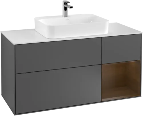 Picture of VILLEROY BOCH Finion Vanity unit, with lighting, 3 pull-out compartments, 1200 x 603 x 501 mm, Anthracite Matt Lacquer / Walnut Veneer / Glass White Matt #G421GNGK