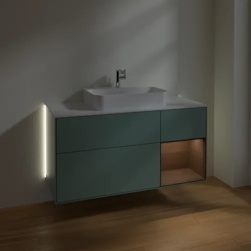 Bild von VILLEROY BOCH Finion Waschbeckenunterschrank, mit Beleuchtung, 3 Auszüge, 1200 x 603 x 501 mm, Olive Matt Lacquer / Walnut Veneer / Glass White Matt #G421GNGM