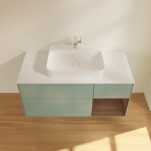 Bild von VILLEROY BOCH Finion Waschbeckenunterschrank, mit Beleuchtung, 3 Auszüge, 1200 x 603 x 501 mm, Olive Matt Lacquer / Walnut Veneer / Glass White Matt #G421GNGM