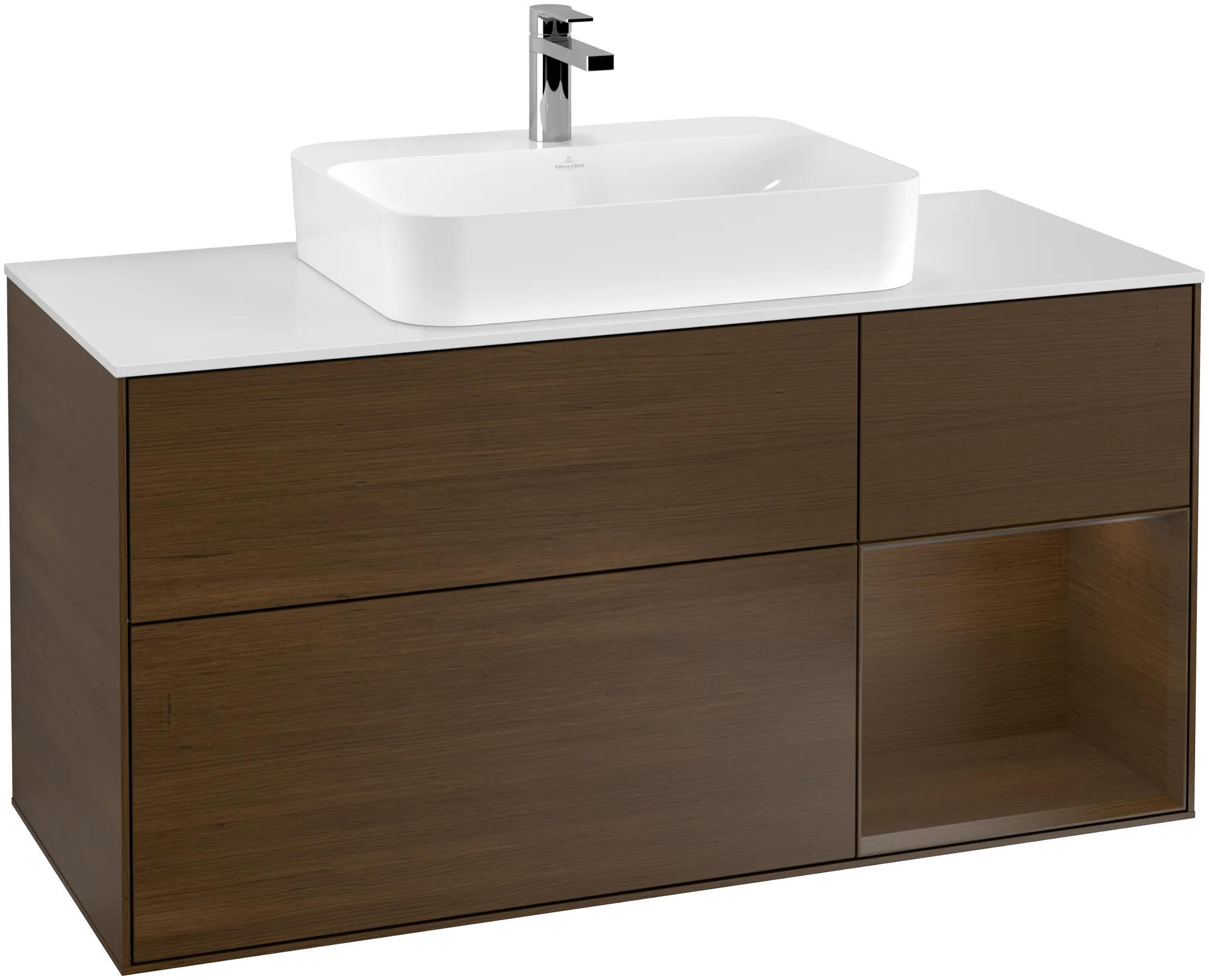 Picture of VILLEROY BOCH Finion Vanity unit, with lighting, 3 pull-out compartments, 1200 x 603 x 501 mm, Walnut Veneer / Walnut Veneer / Glass White Matt #G421GNGN