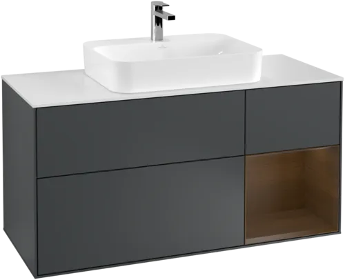 Picture of VILLEROY BOCH Finion Vanity unit, with lighting, 3 pull-out compartments, 1200 x 603 x 501 mm, Midnight Blue Matt Lacquer / Walnut Veneer / Glass White Matt #G421GNHG