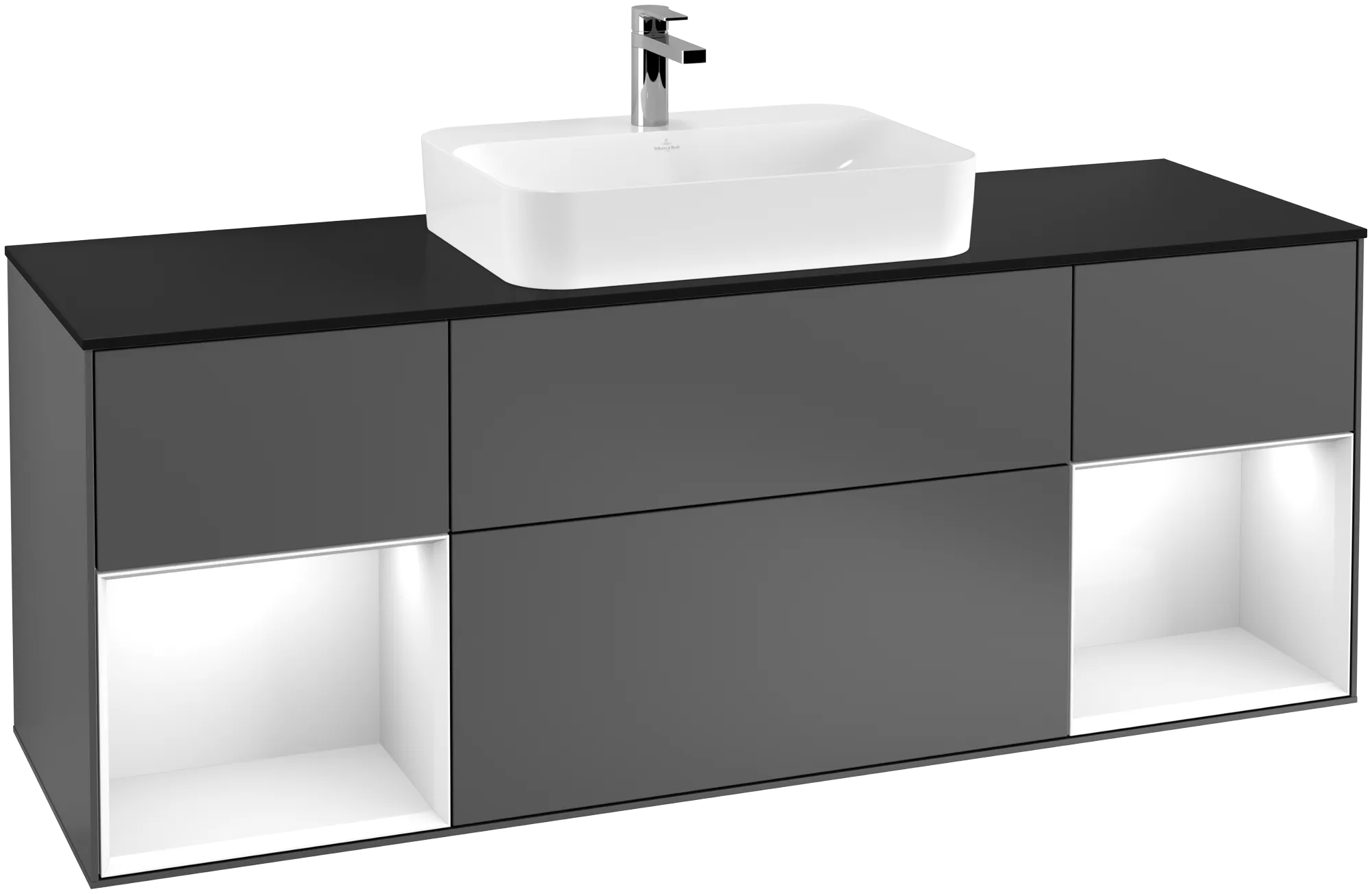 Obrázek VILLEROY BOCH Finion Vanity unit, with lighting, 4 pull-out compartments, 1600 x 603 x 501 mm, Anthracite Matt Lacquer / Glossy White Lacquer / Glass Black Matt #G452GFGK