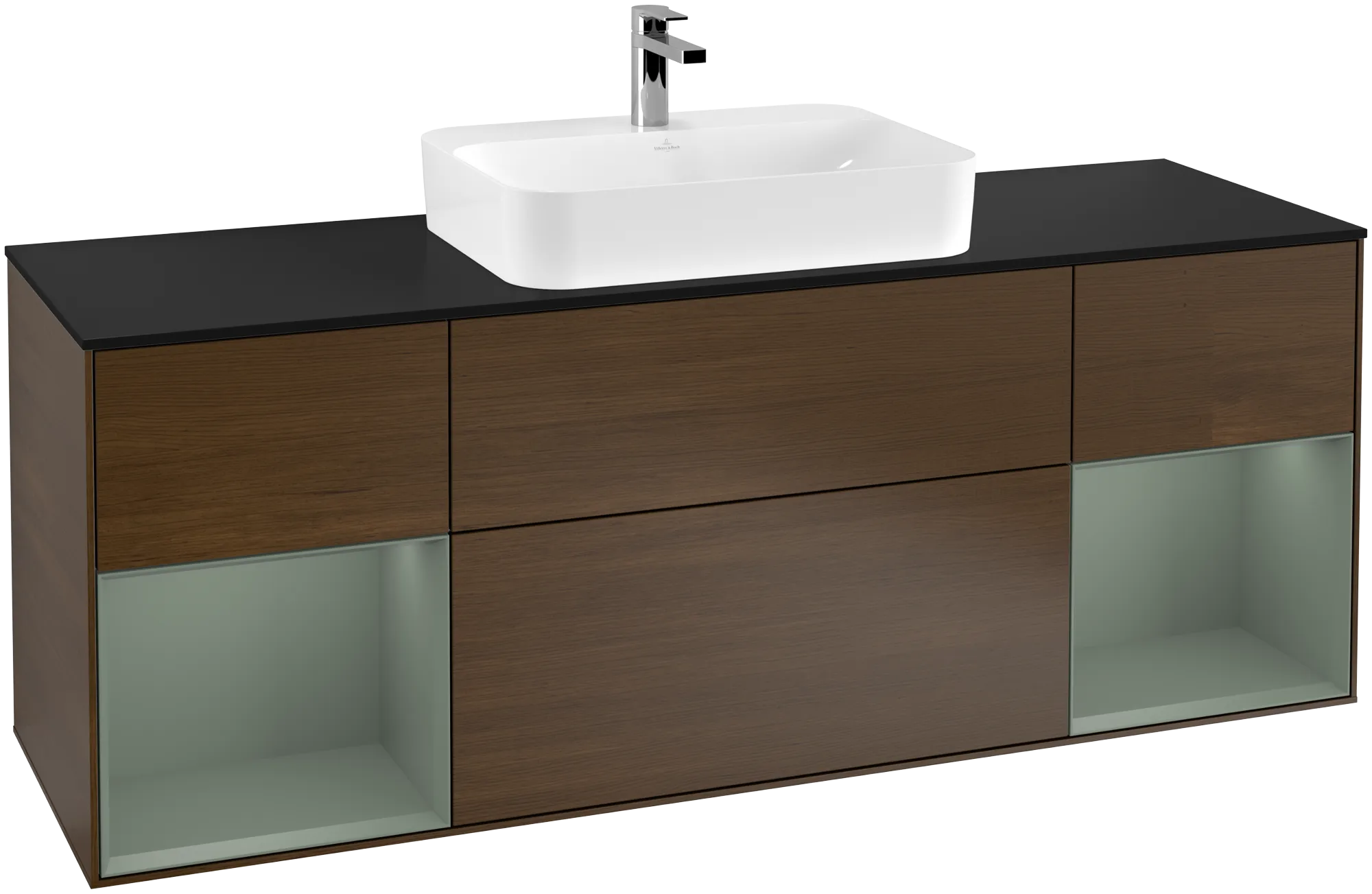 Picture of VILLEROY BOCH Finion Vanity unit, with lighting, 4 pull-out compartments, 1600 x 603 x 501 mm, Walnut Veneer / Olive Matt Lacquer / Glass Black Matt #G452GMGN