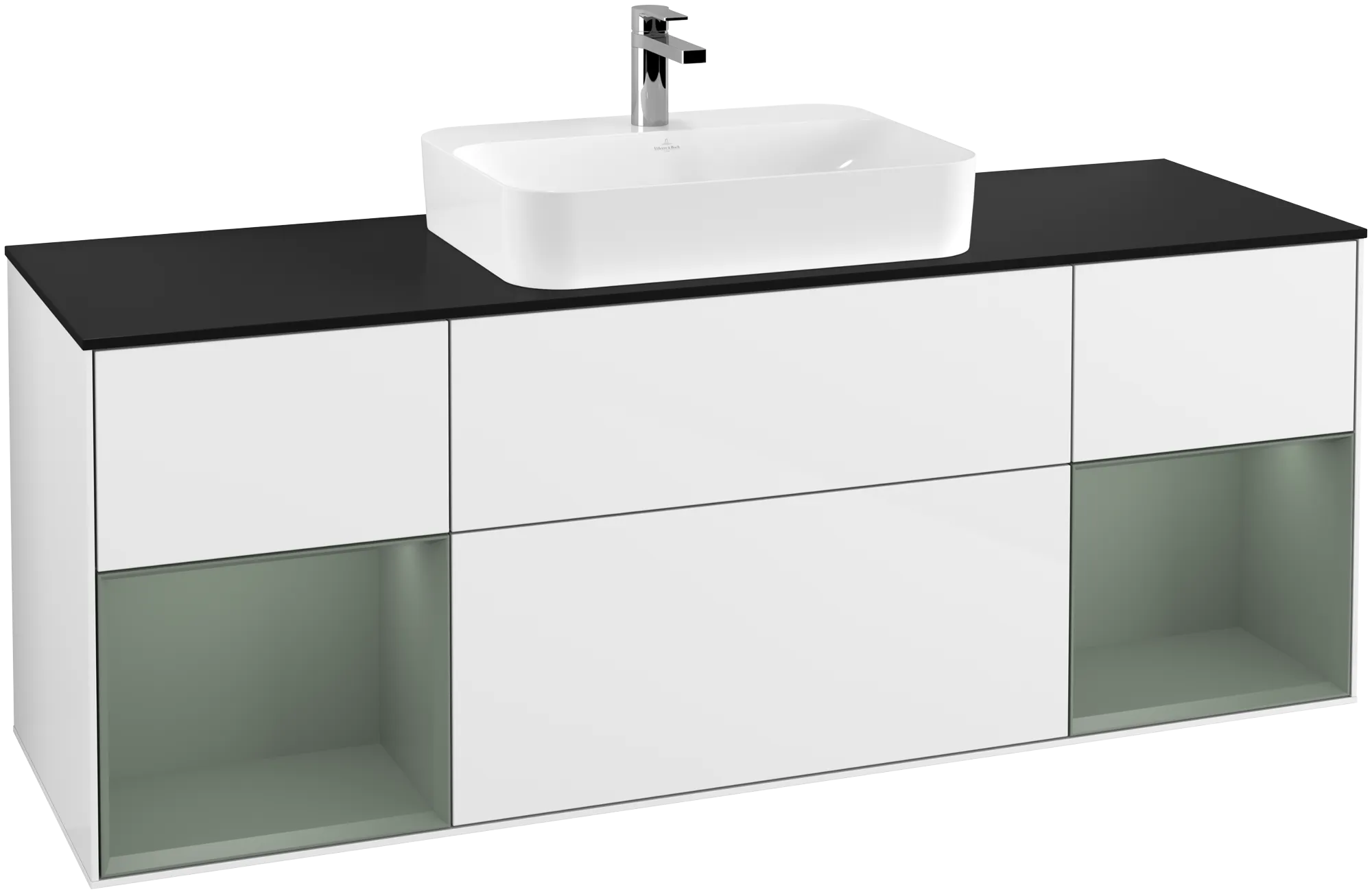Picture of VILLEROY BOCH Finion Vanity unit, with lighting, 4 pull-out compartments, 1600 x 603 x 501 mm, Glossy White Lacquer / Olive Matt Lacquer / Glass Black Matt #G452GMGF