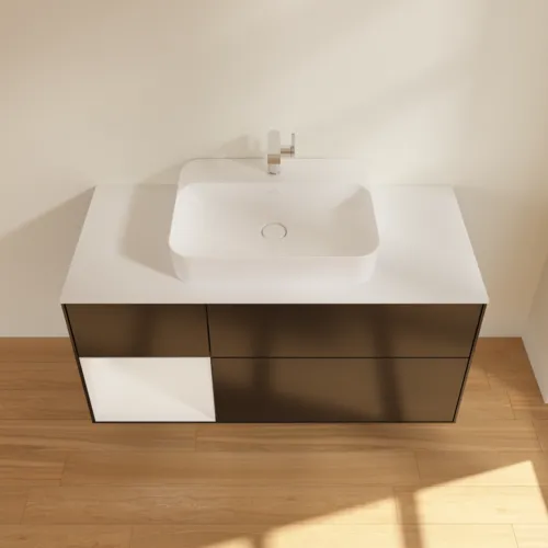 Picture of VILLEROY BOCH Finion Vanity unit, with lighting, 3 pull-out compartments, 1200 x 603 x 501 mm, Black Matt Lacquer / Glossy White Lacquer / Glass White Matt #G411GFPD