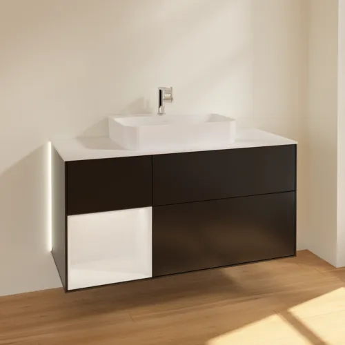 Picture of VILLEROY BOCH Finion Vanity unit, with lighting, 3 pull-out compartments, 1200 x 603 x 501 mm, Black Matt Lacquer / Glossy White Lacquer / Glass White Matt #G411GFPD