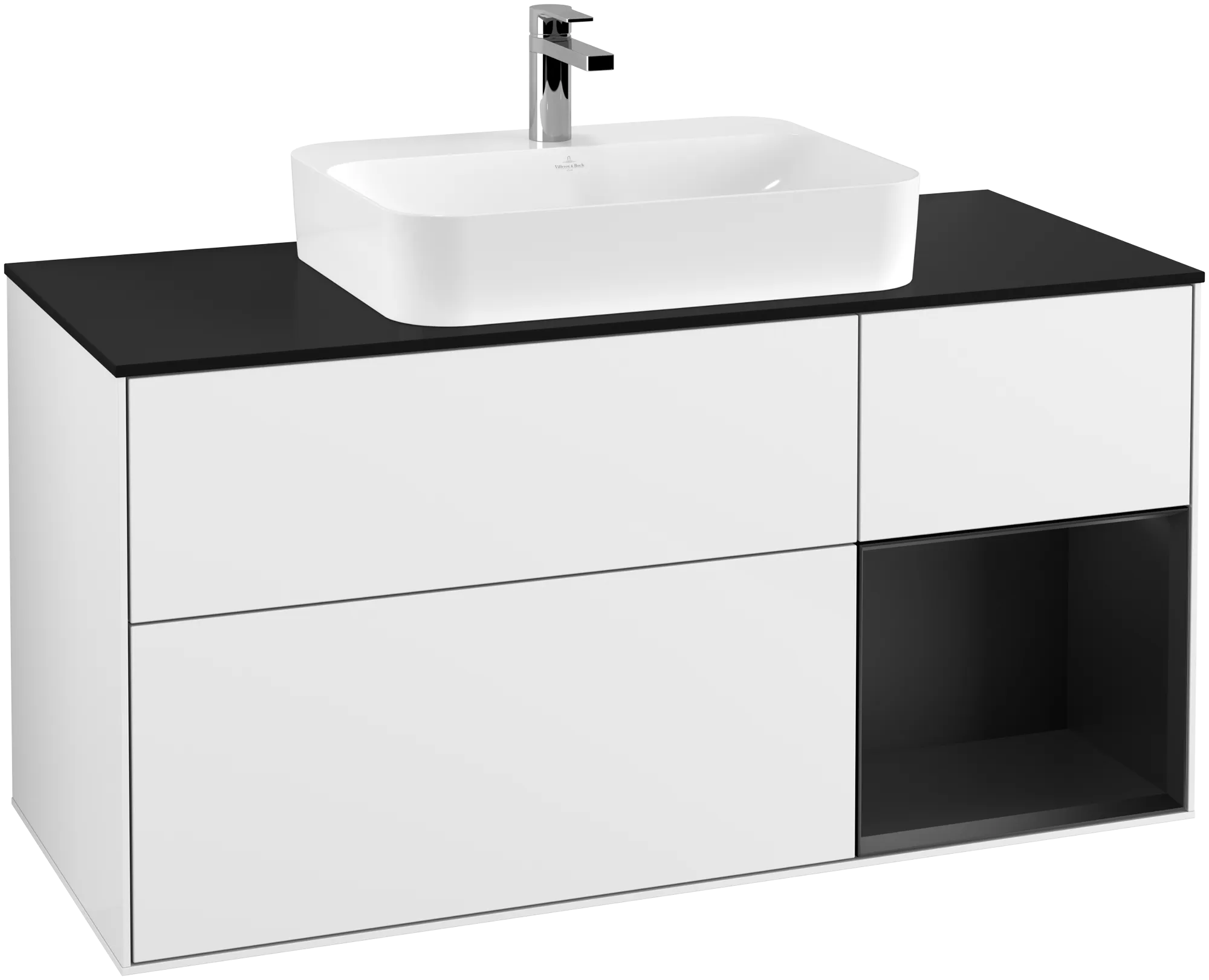 Picture of VILLEROY BOCH Finion Vanity unit, with lighting, 3 pull-out compartments, 1200 x 603 x 501 mm, Glossy White Lacquer / Black Matt Lacquer / Glass Black Matt #G422PDGF