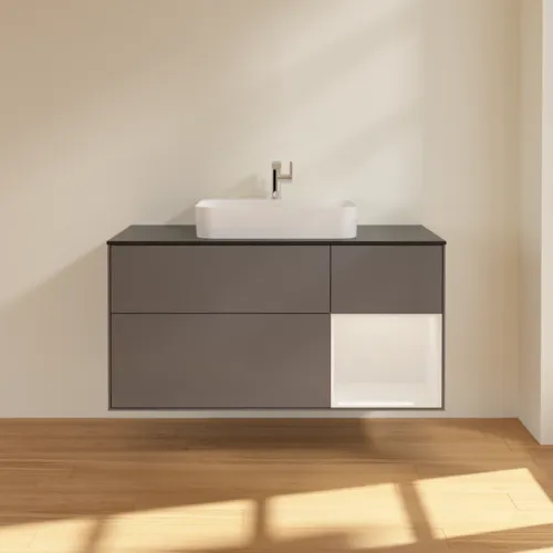 VILLEROY BOCH Finion Waschbeckenunterschrank, mit Beleuchtung, 3 Auszüge, 1200 x 603 x 501 mm, Anthracite Matt Lacquer / Glossy White Lacquer / Glass Black Matt #G422GFGK, Bild 3