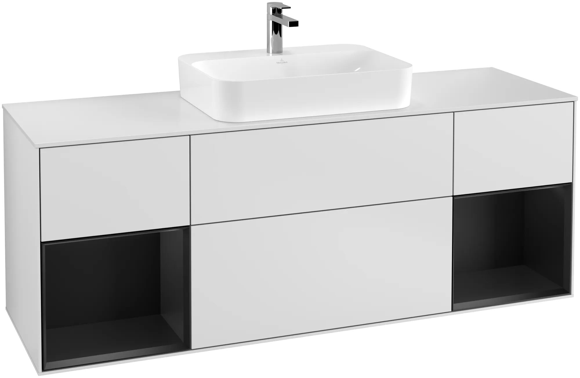 VILLEROY BOCH Finion Vanity unit, with lighting, 4 pull-out compartments, 1600 x 603 x 501 mm, White Matt Lacquer / Black Matt Lacquer / Glass White Matt #G451PDMT resmi