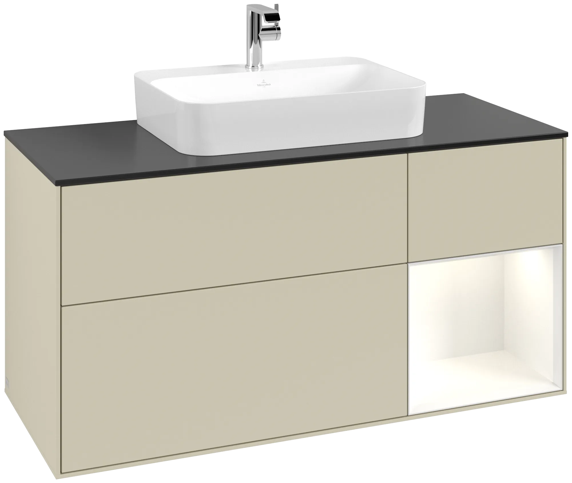 VILLEROY BOCH Finion Vanity unit, with lighting, 3 pull-out compartments, 1200 x 603 x 501 mm, Silk Grey Matt Lacquer / Glossy White Lacquer / Glass Black Matt #G422GFHJ resmi