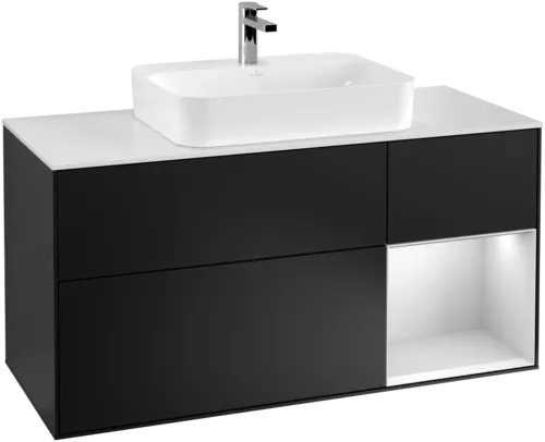 VILLEROY BOCH Finion Vanity unit, with lighting, 3 pull-out compartments, 1200 x 603 x 501 mm, Black Matt Lacquer / White Matt Lacquer / Glass White Matt #G421MTPD resmi