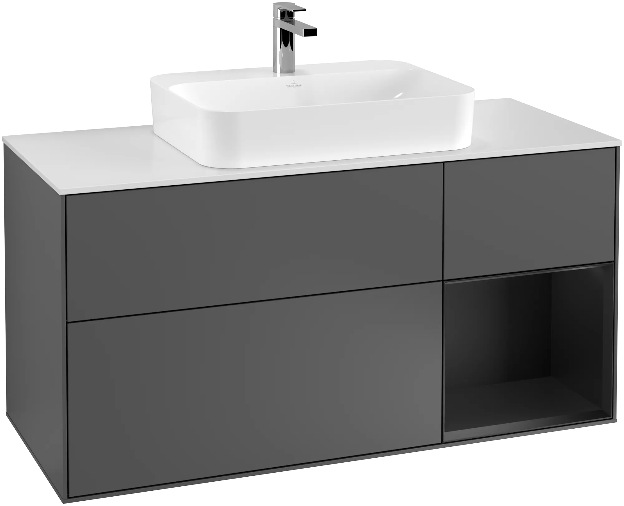 VILLEROY BOCH Finion Vanity unit, with lighting, 3 pull-out compartments, 1200 x 603 x 501 mm, Anthracite Matt Lacquer / Black Matt Lacquer / Glass White Matt #G421PDGK resmi