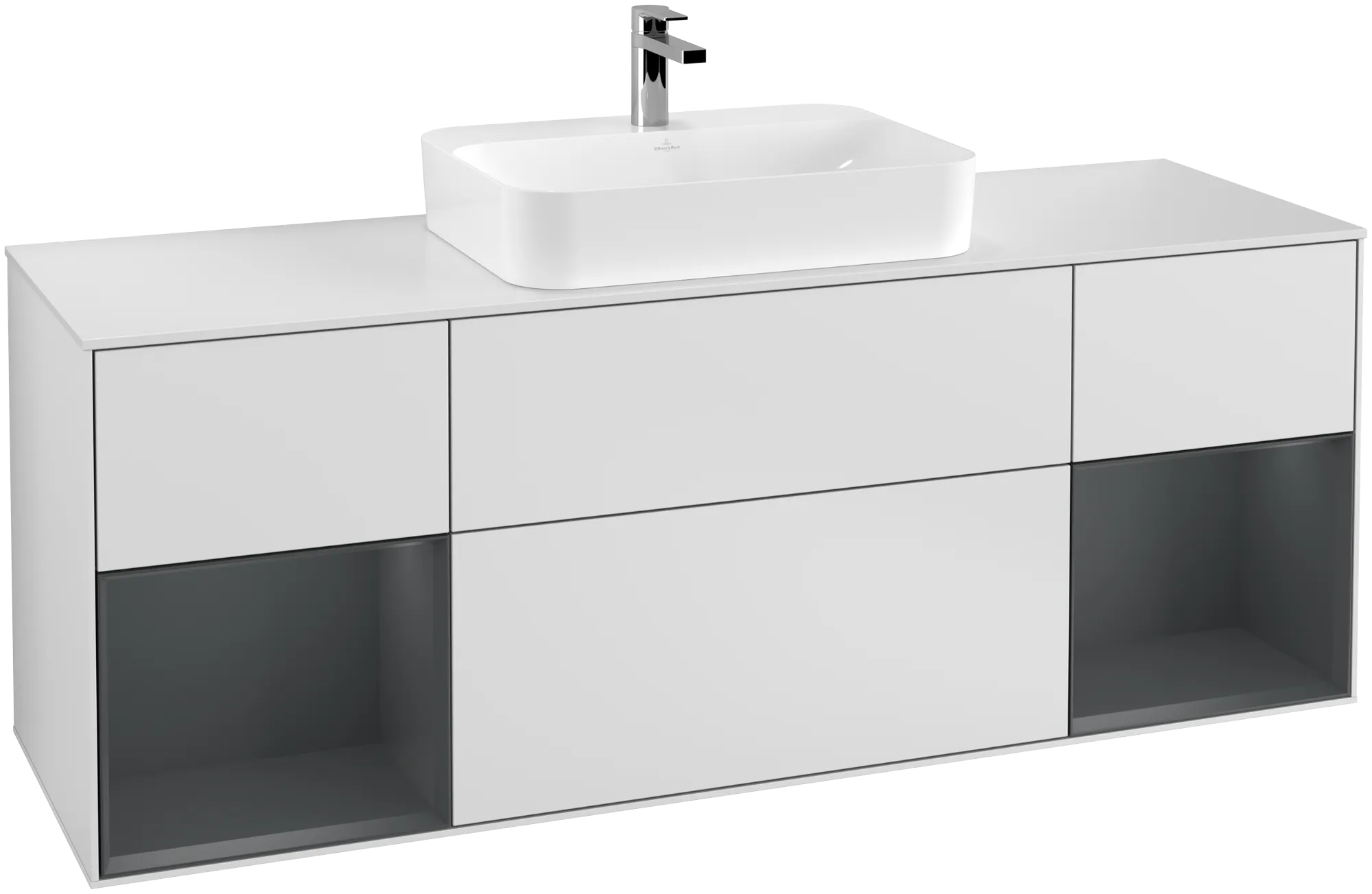 VILLEROY BOCH Finion Vanity unit, with lighting, 4 pull-out compartments, 1600 x 603 x 501 mm, White Matt Lacquer / Midnight Blue Matt Lacquer / Glass White Matt #G451HGMT resmi
