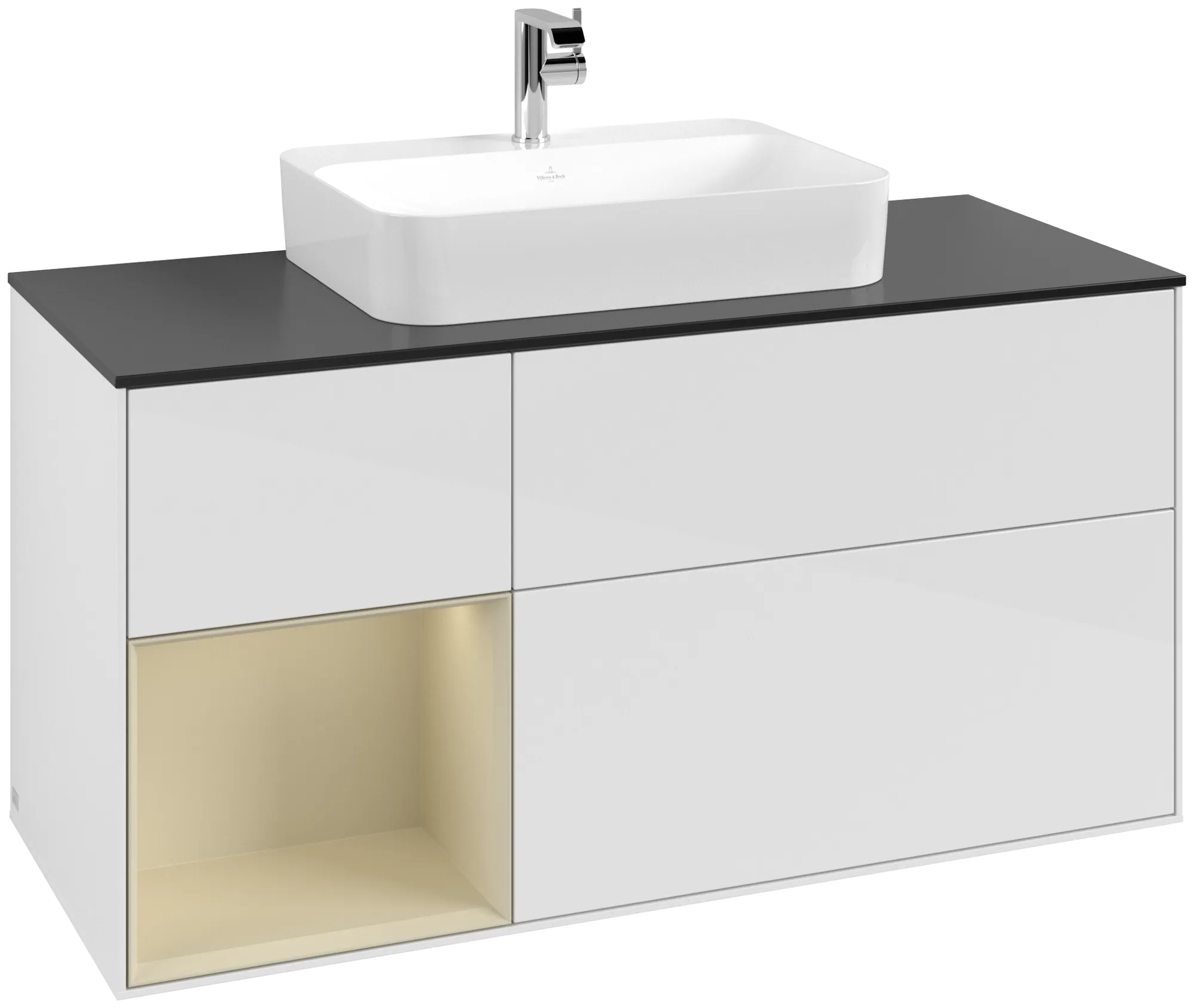 VILLEROY BOCH Finion Vanity unit, with lighting, 3 pull-out compartments, 1200 x 603 x 501 mm, Glossy White Lacquer / Silk Grey Matt Lacquer / Glass Black Matt #G412HJGF resmi