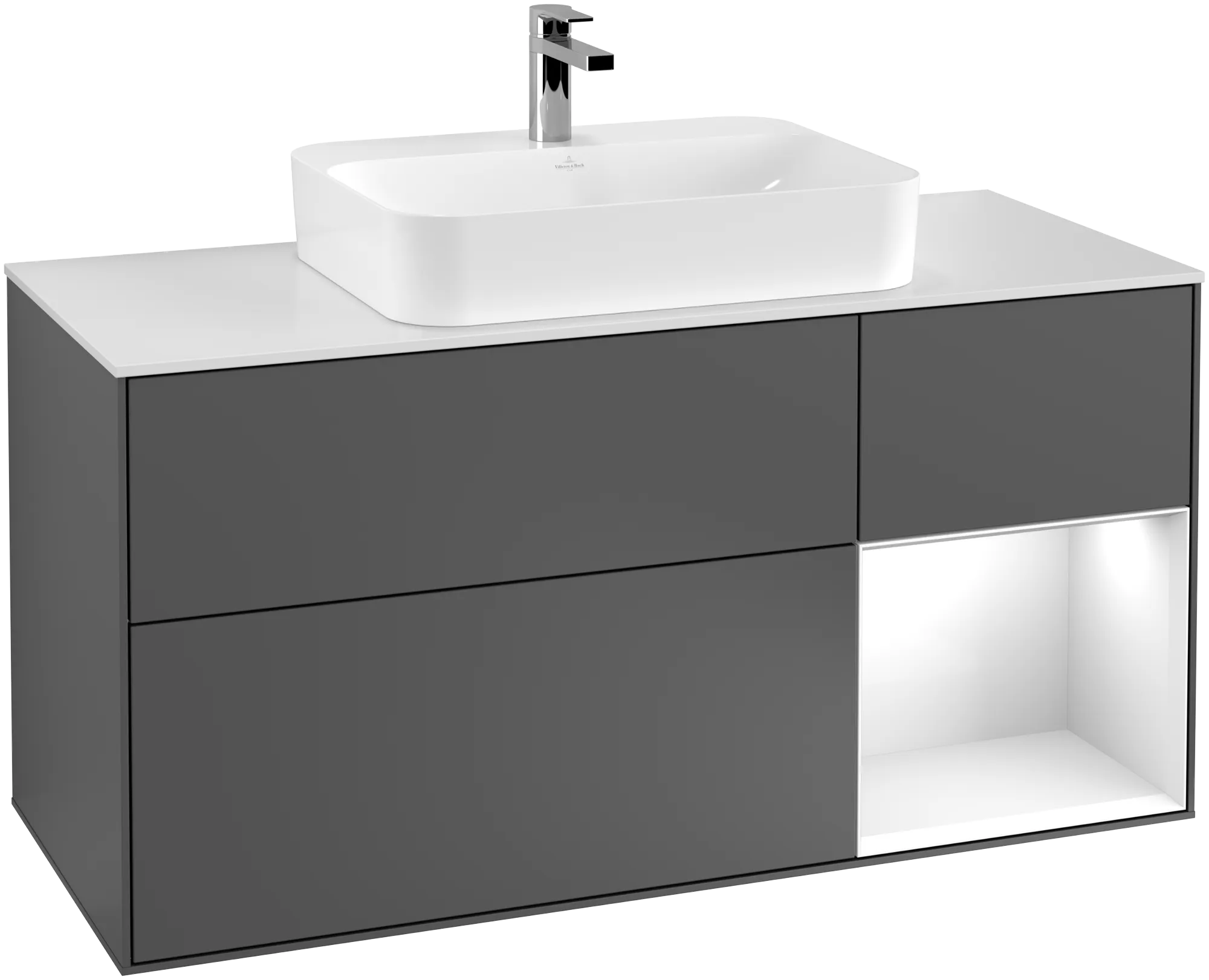 VILLEROY BOCH Finion Vanity unit, with lighting, 3 pull-out compartments, 1200 x 603 x 501 mm, Anthracite Matt Lacquer / Glossy White Lacquer / Glass White Matt #G421GFGK resmi