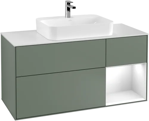 VILLEROY BOCH Finion Vanity unit, with lighting, 3 pull-out compartments, 1200 x 603 x 501 mm, Olive Matt Lacquer / Glossy White Lacquer / Glass White Matt #G421GFGM resmi