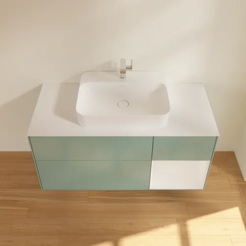 Bild von VILLEROY BOCH Finion Waschbeckenunterschrank, mit Beleuchtung, 3 Auszüge, 1200 x 603 x 501 mm, Olive Matt Lacquer / Glossy White Lacquer / Glass White Matt #G421GFGM