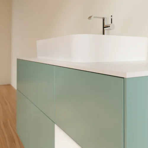 Bild von VILLEROY BOCH Finion Waschbeckenunterschrank, mit Beleuchtung, 3 Auszüge, 1200 x 603 x 501 mm, Olive Matt Lacquer / Glossy White Lacquer / Glass White Matt #G421GFGM