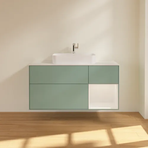 Bild von VILLEROY BOCH Finion Waschbeckenunterschrank, mit Beleuchtung, 3 Auszüge, 1200 x 603 x 501 mm, Olive Matt Lacquer / Glossy White Lacquer / Glass White Matt #G421GFGM
