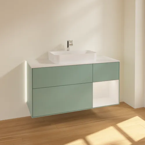 Bild von VILLEROY BOCH Finion Waschbeckenunterschrank, mit Beleuchtung, 3 Auszüge, 1200 x 603 x 501 mm, Olive Matt Lacquer / Glossy White Lacquer / Glass White Matt #G421GFGM