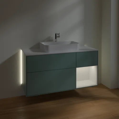 Bild von VILLEROY BOCH Finion Waschbeckenunterschrank, mit Beleuchtung, 3 Auszüge, 1200 x 603 x 501 mm, Olive Matt Lacquer / Glossy White Lacquer / Glass White Matt #G421GFGM