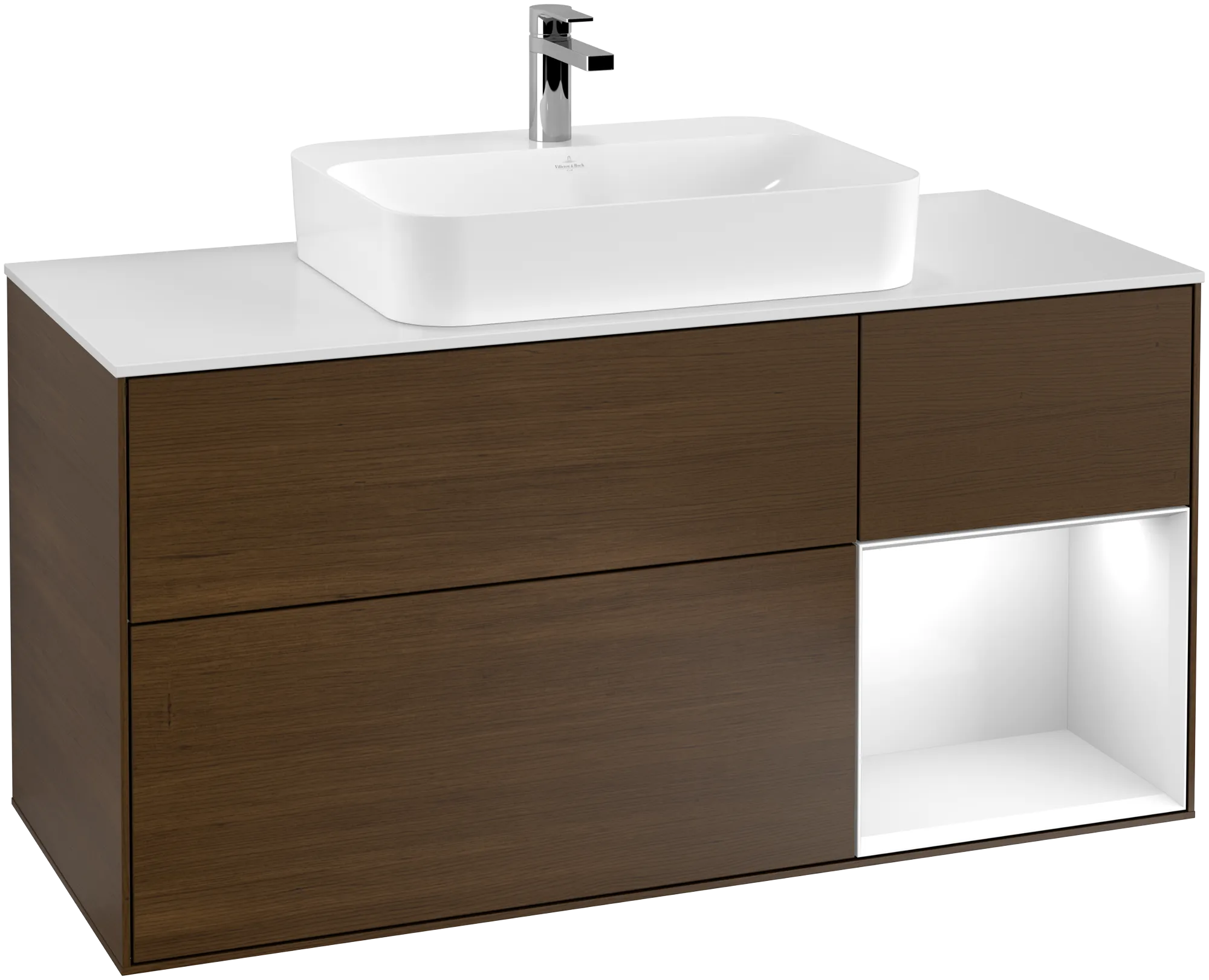 VILLEROY BOCH Finion Vanity unit, with lighting, 3 pull-out compartments, 1200 x 603 x 501 mm, Walnut Veneer / Glossy White Lacquer / Glass White Matt #G421GFGN resmi