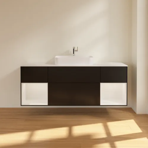 Bild von VILLEROY BOCH Finion Waschbeckenunterschrank, mit Beleuchtung, 4 Auszüge, 1600 x 603 x 501 mm, Black Matt Lacquer / Glossy White Lacquer / Glass White Matt #G451GFPD