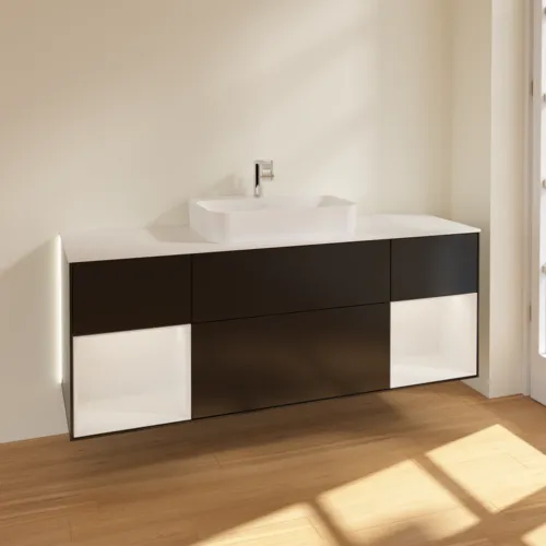 Bild von VILLEROY BOCH Finion Waschbeckenunterschrank, mit Beleuchtung, 4 Auszüge, 1600 x 603 x 501 mm, Black Matt Lacquer / Glossy White Lacquer / Glass White Matt #G451GFPD